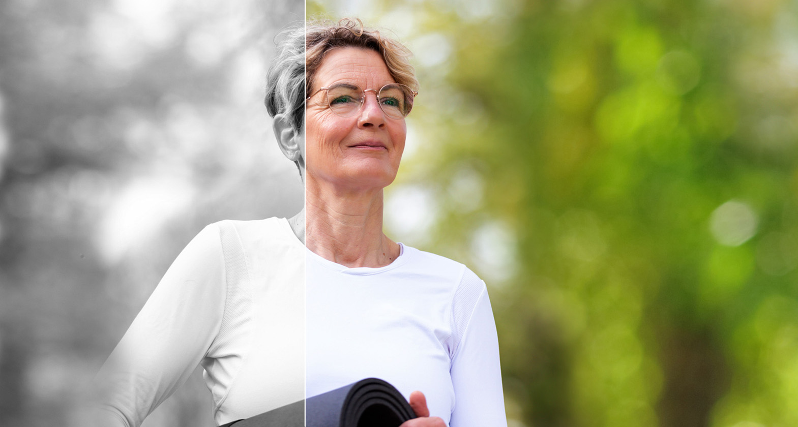 Frau mit Yogamatte unter dem Arm